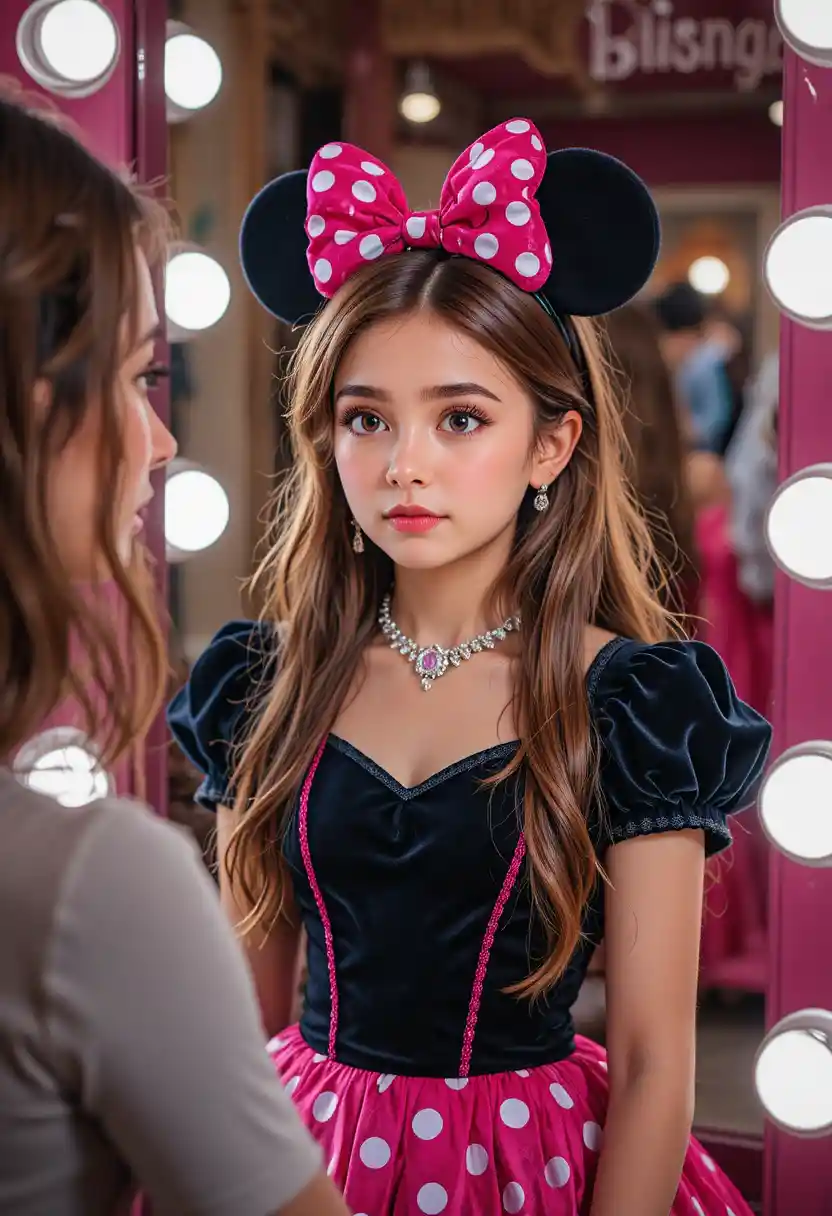 Apprehensive boy in Minnie dress at boutique makeup mirror