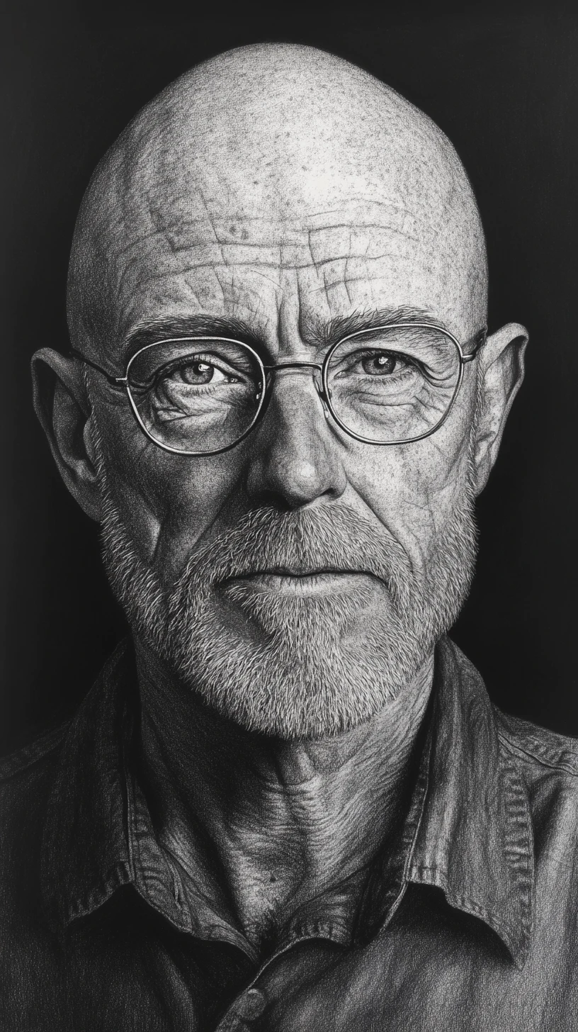 Graphite close up portrait of a bald man in glasses