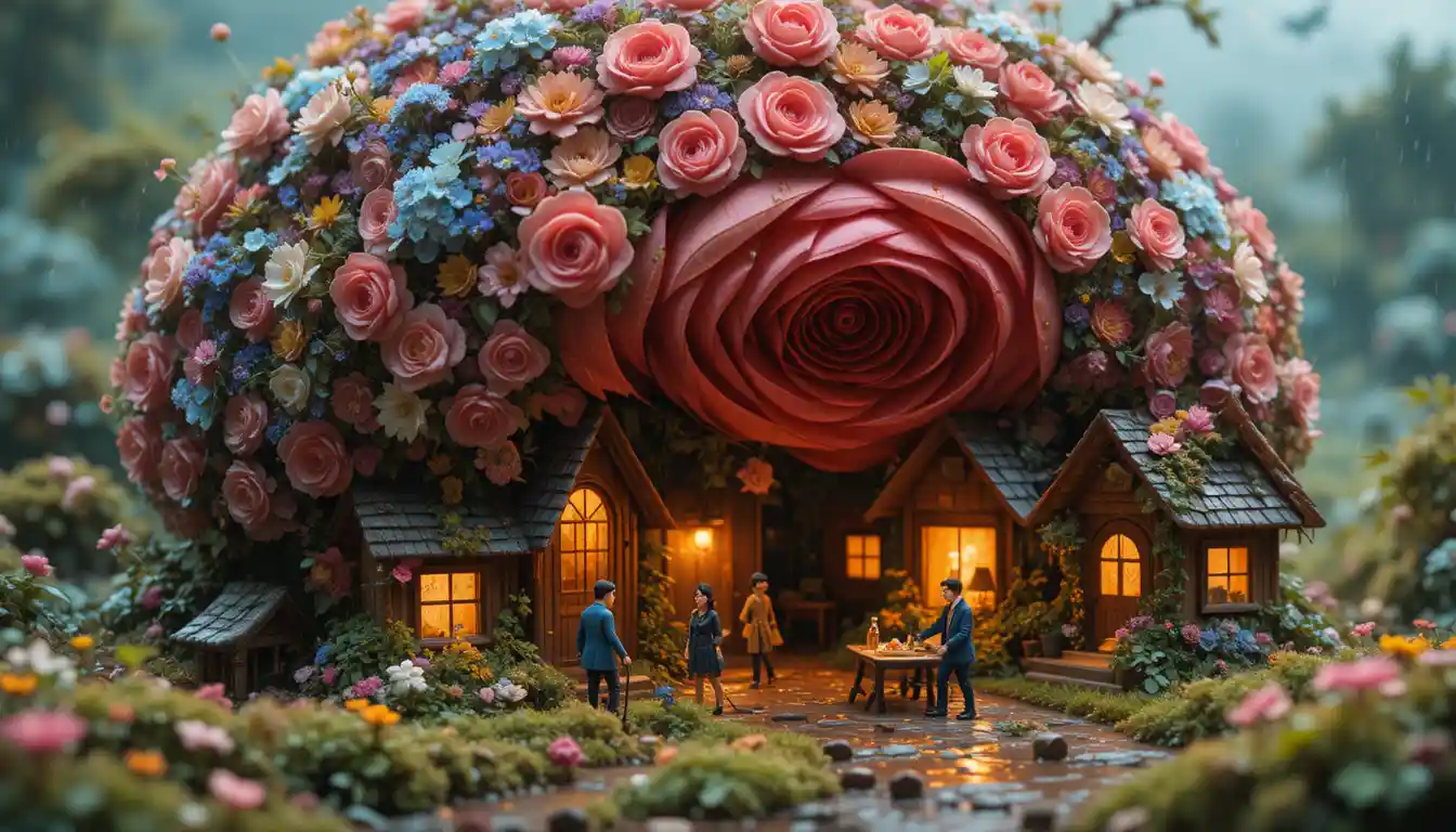 Miniature People Sheltering Under A Giant Wildflower Bouquet