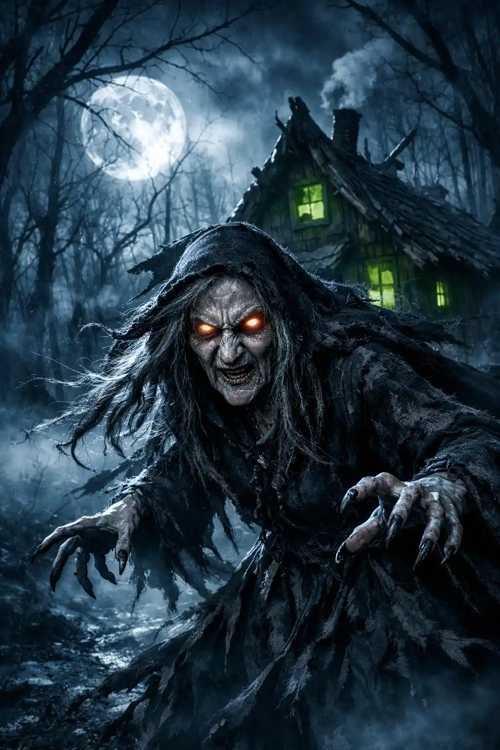 Menacing old witch before a crooked hut in foggy moonlit forest