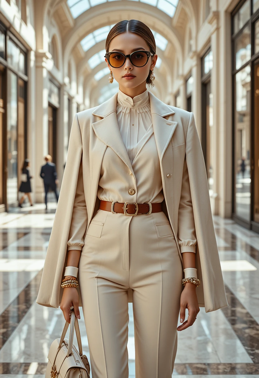 Donna elegante in abito couture in una lussuosa galleria commerciale
