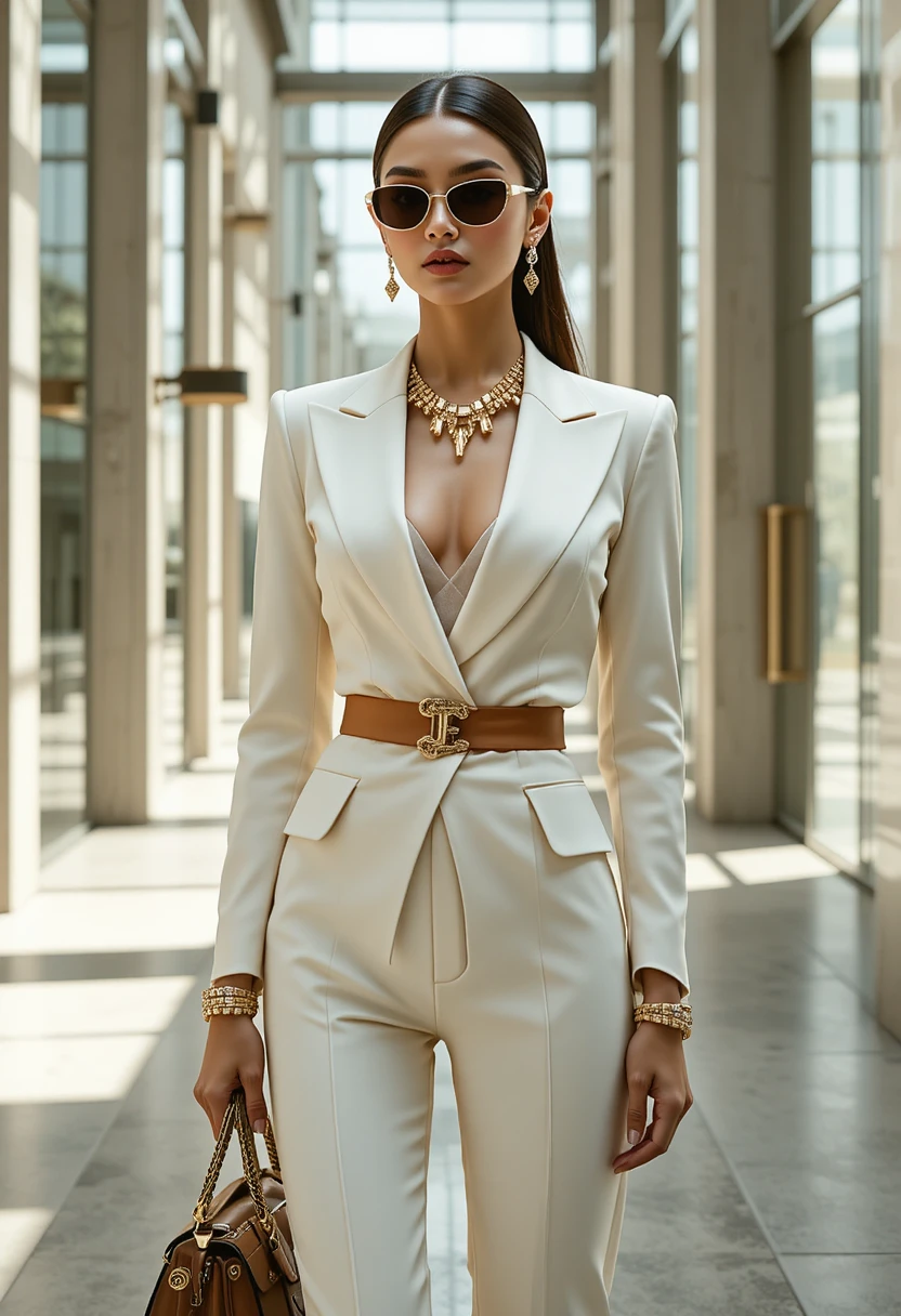 Elegant woman in ivory suit in modern glass atrium