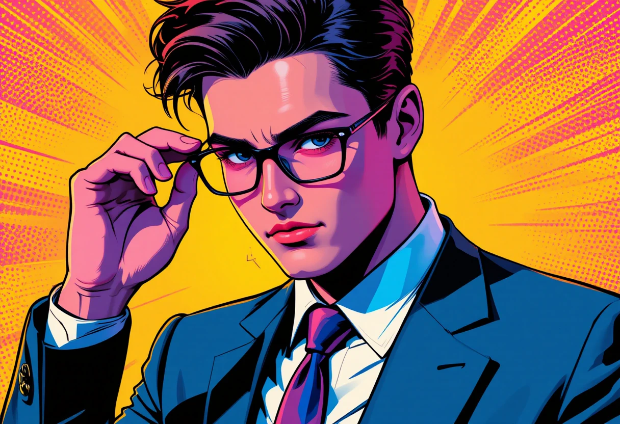 Jeune homme sûr de lui en costume ajustant ses lunettes en pop art