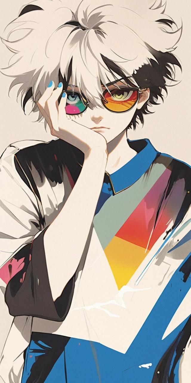 Anime-Junge mit Regenbogenbrille im minimalistischen Porträt