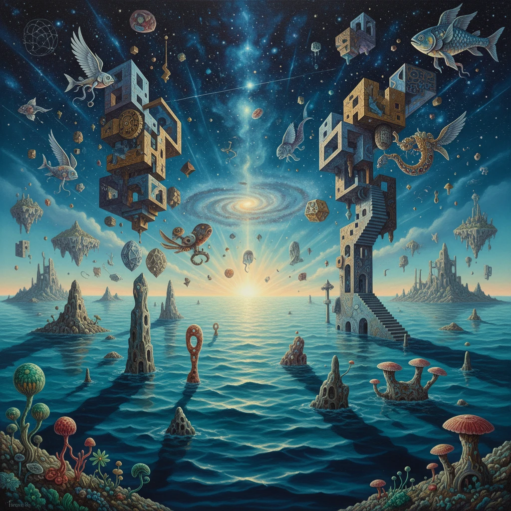 Paisaje marino cósmico surreal que fusiona olas del océano y cielo estrellado