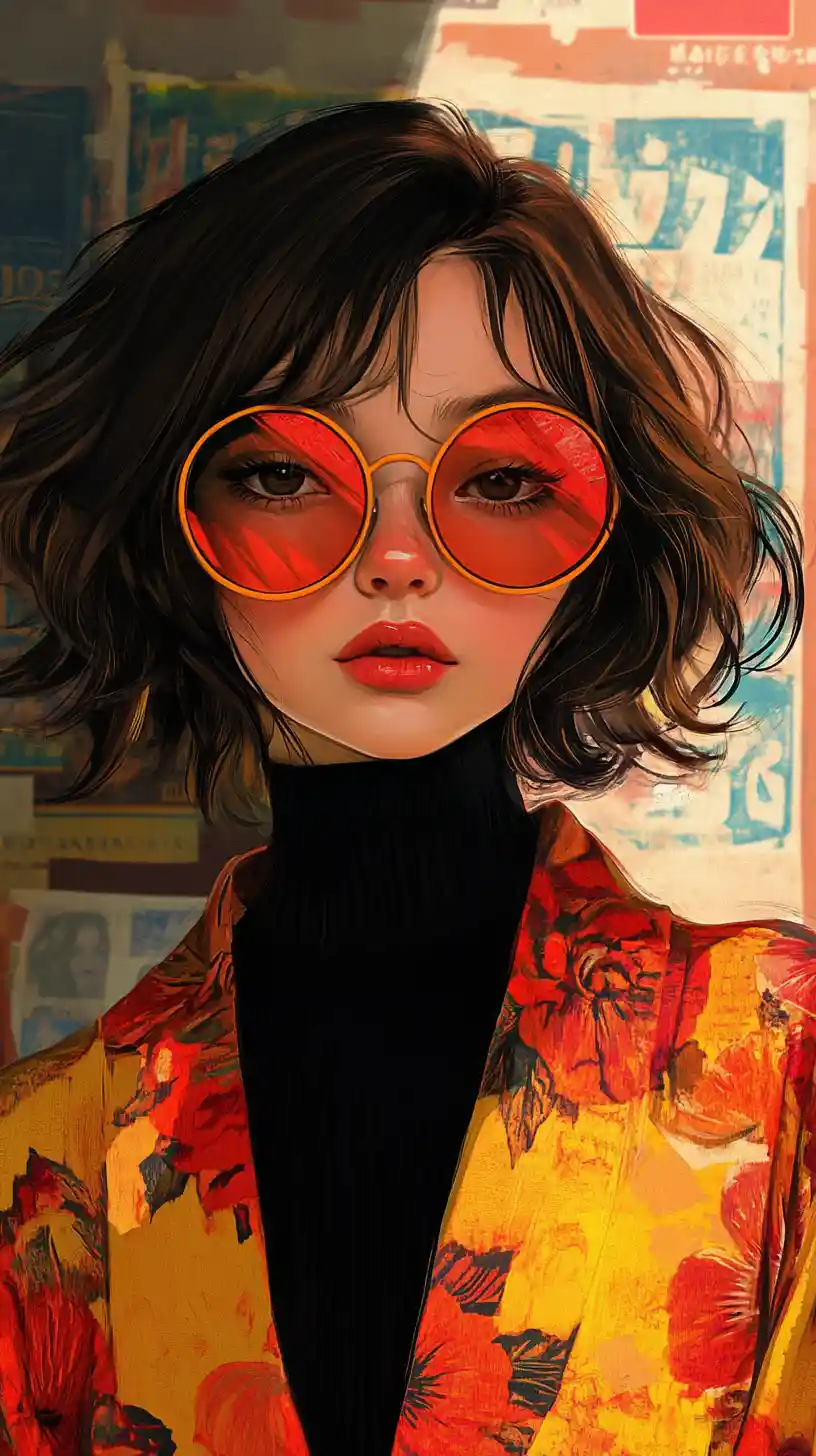 Girl in floral kimono with red sunglasses in retro interior