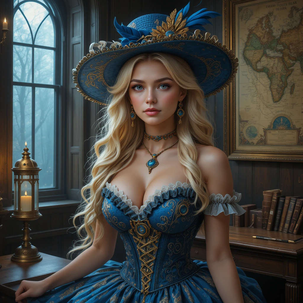 Elegant fantasy woman in a candlelit vintage study
