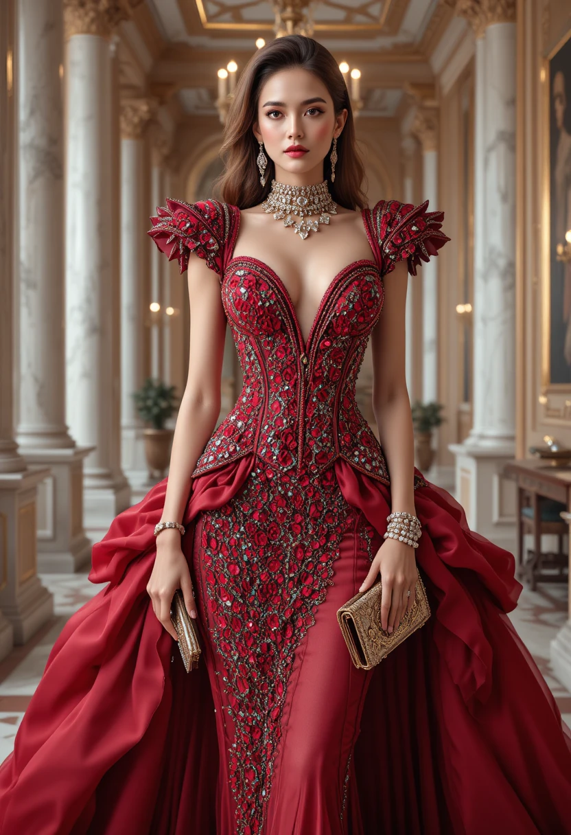 Couture-Model in rubinroter skulpturaler Robe mit Juwelen