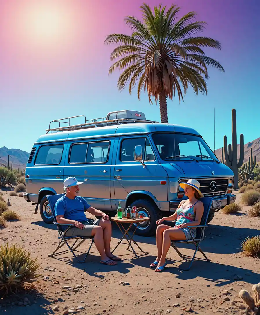 Blue vintage cargo van parked in a desert oasis