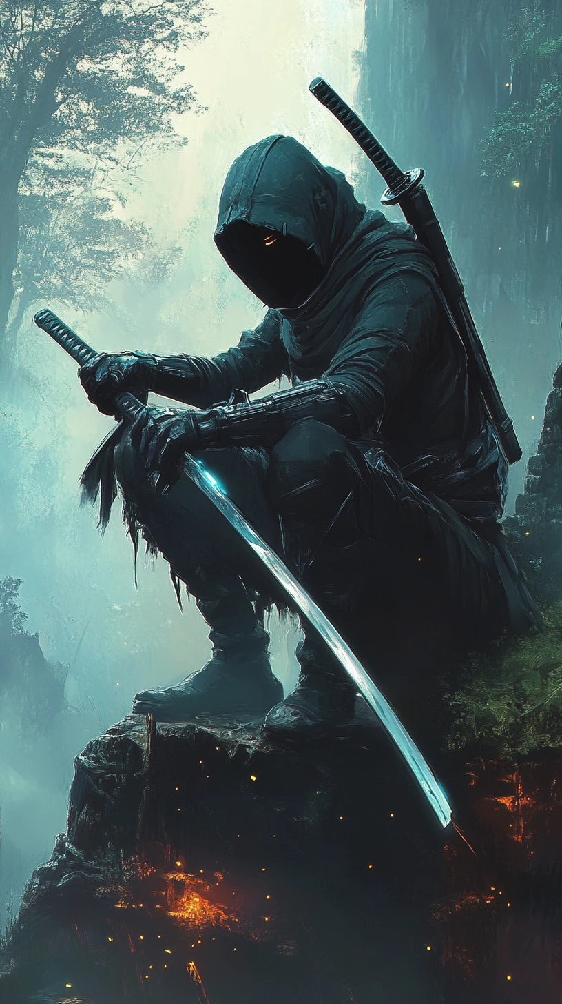 Futuristic samurai crouching on a mossy cliff edge