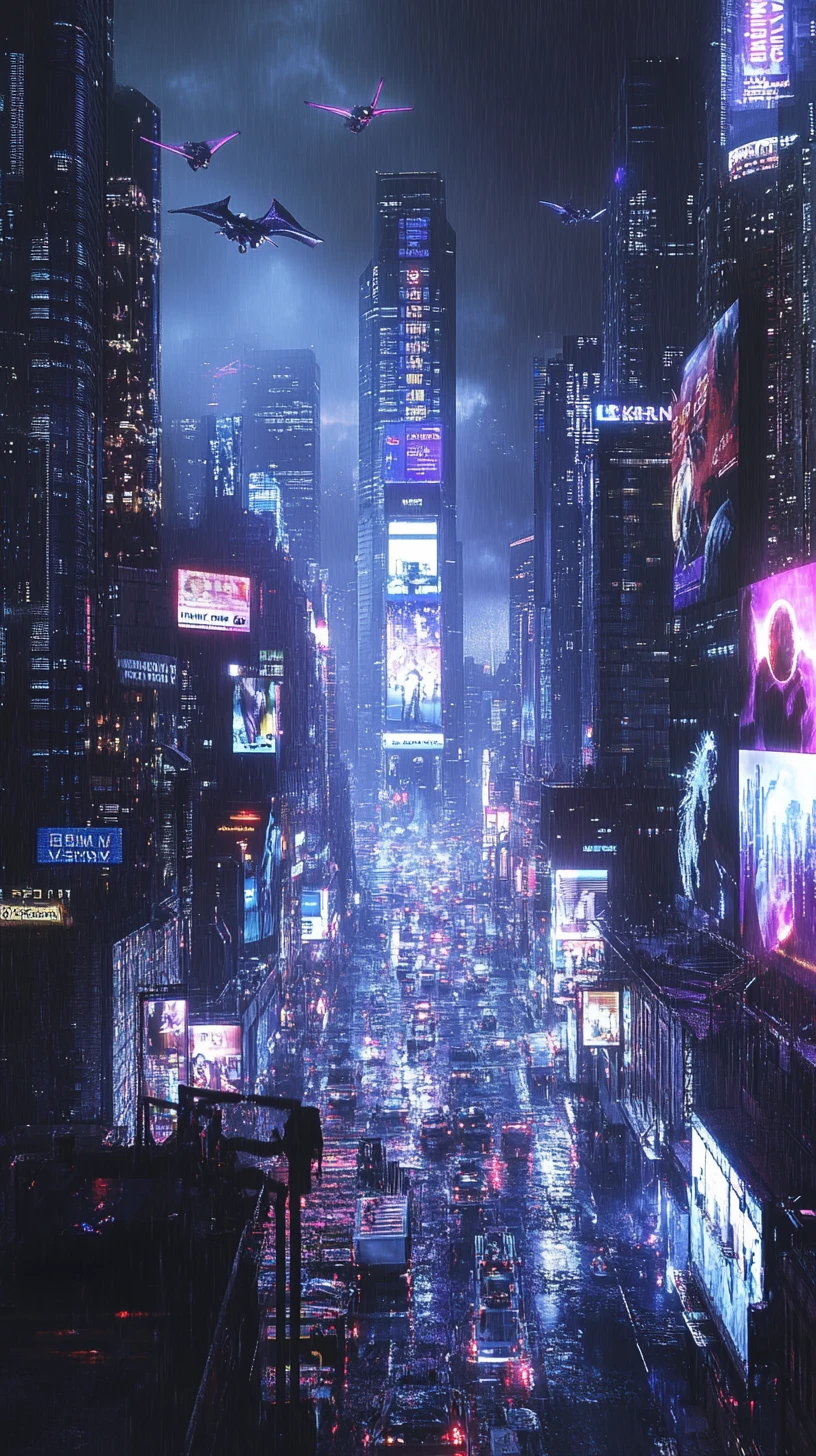 Löwe überblickt futuristische neonbeleuchtete Manhattan-Dächer