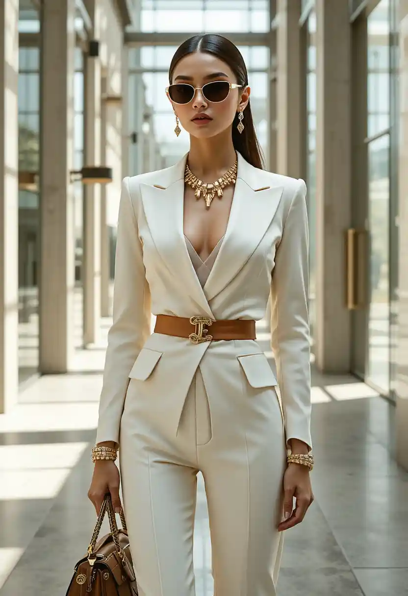 Elegant woman in ivory suit in modern glass atrium