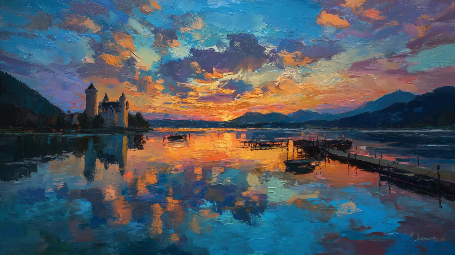 Impressionist view of a Bavarian castle over calm lake
