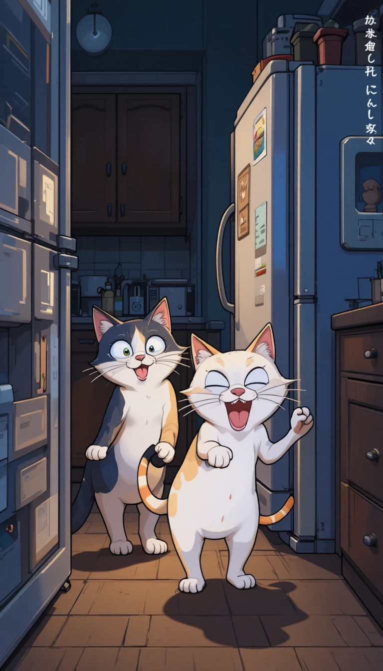 Deux chats de dessin animé se faufilant vers un réfrigérateur la nuit