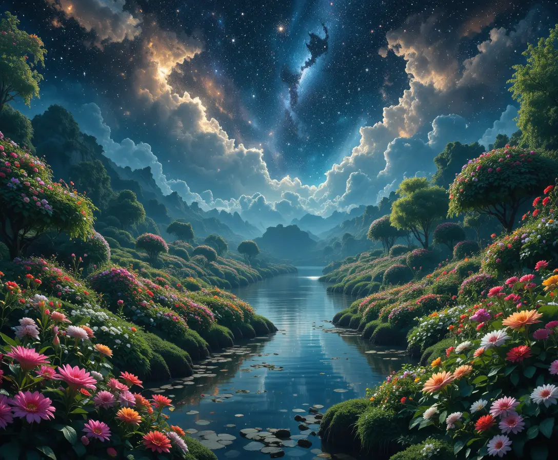 Cielo stellato su un giardino rigoglioso con fiumi riflettenti