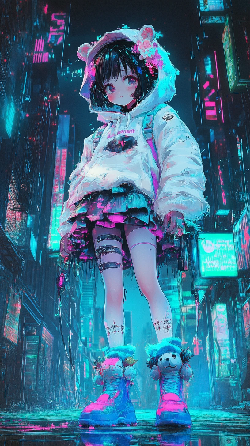 Chibi cyberpunk anime girl in neon glitch cityscape