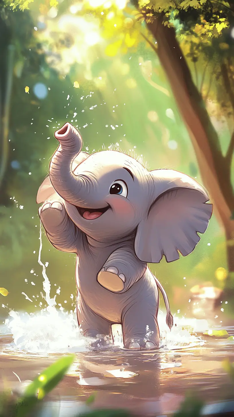 Happy cartoon elephant splashing in a zoo puddle
