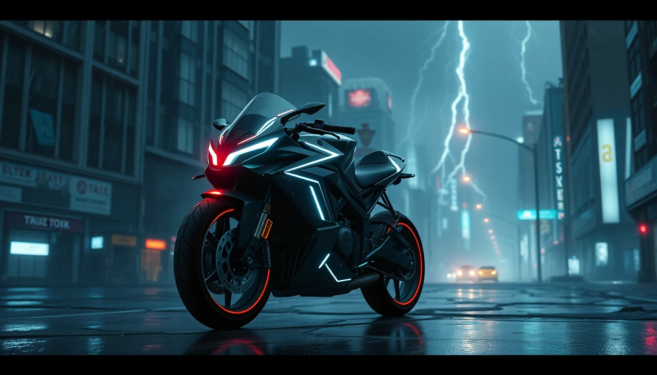Moto al neon che sfreccia in una città futuristica oscura