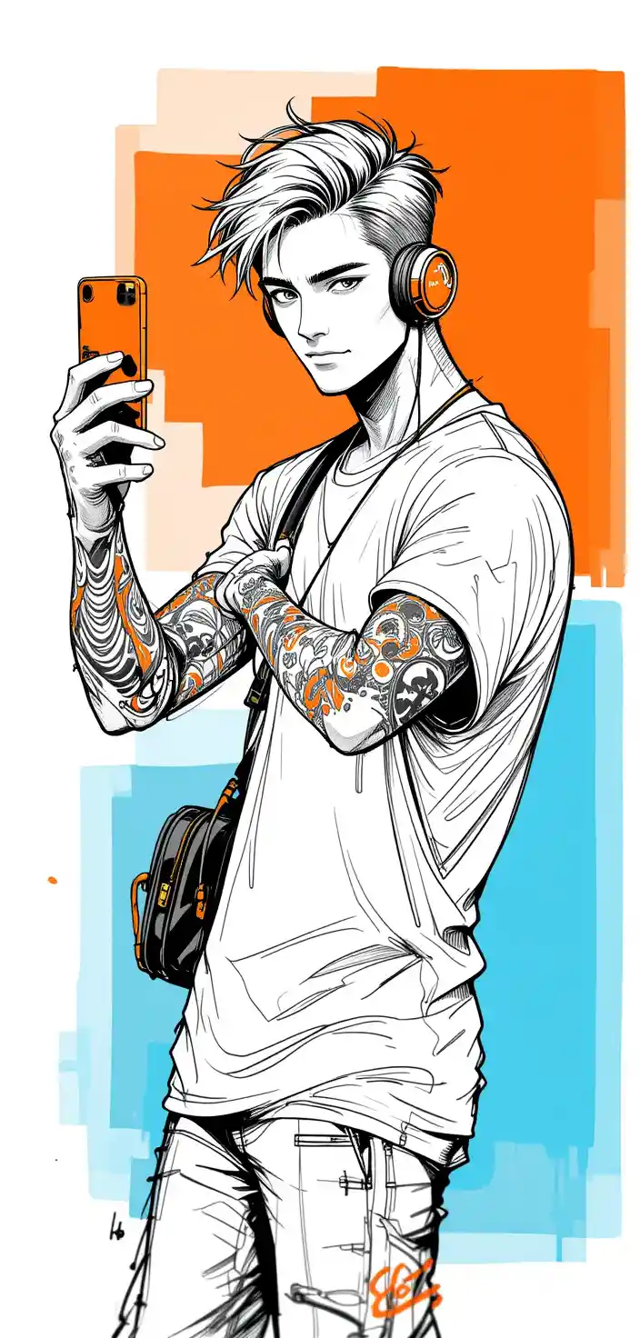 Tätowierter Mann macht ein Selfie im markanten Manga-Stil