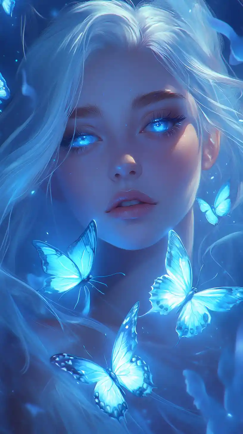 Ethereal blue haired woman with glowing crystal butterflies