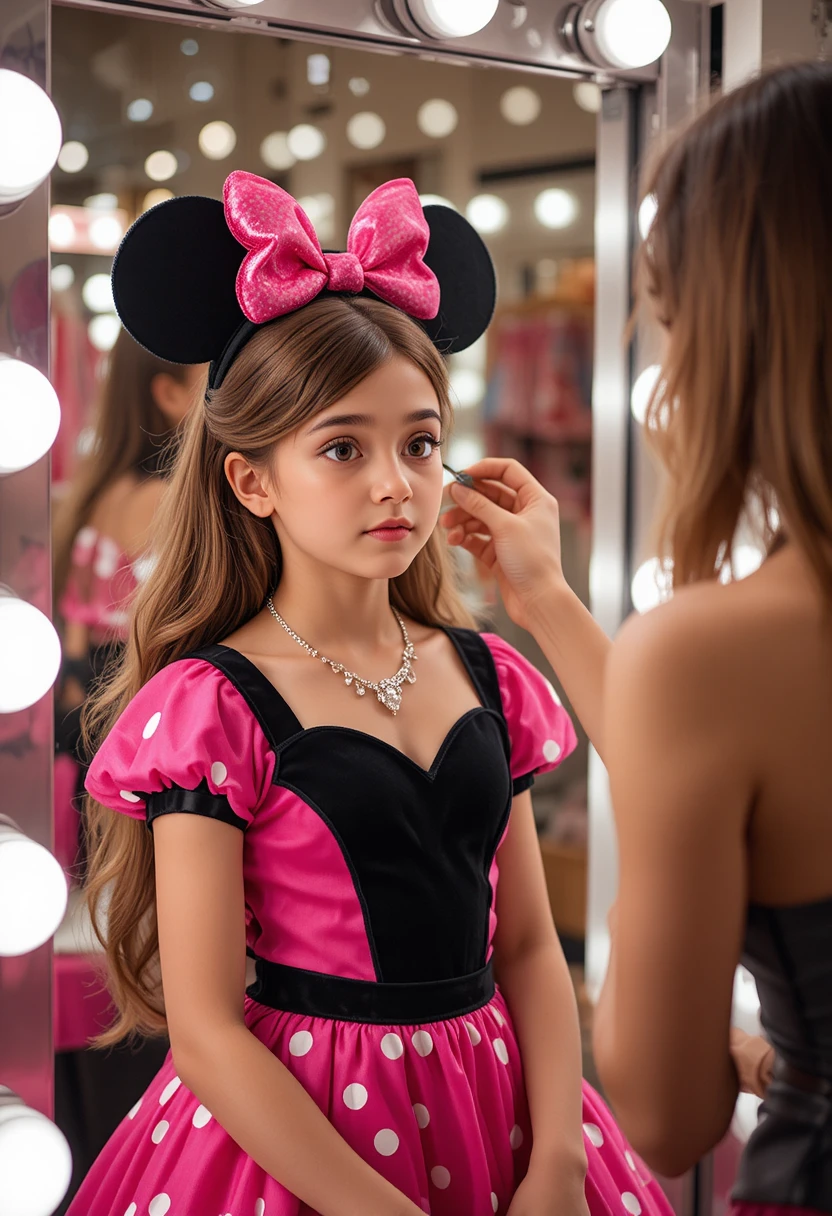 Menino apreensivo com vestido rosa da Minnie em frente ao espelho da boutique