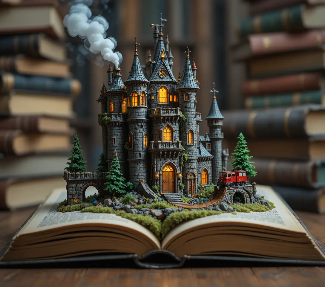 Castello in miniatura che sorge da un libro aperto con trenino giocattolo