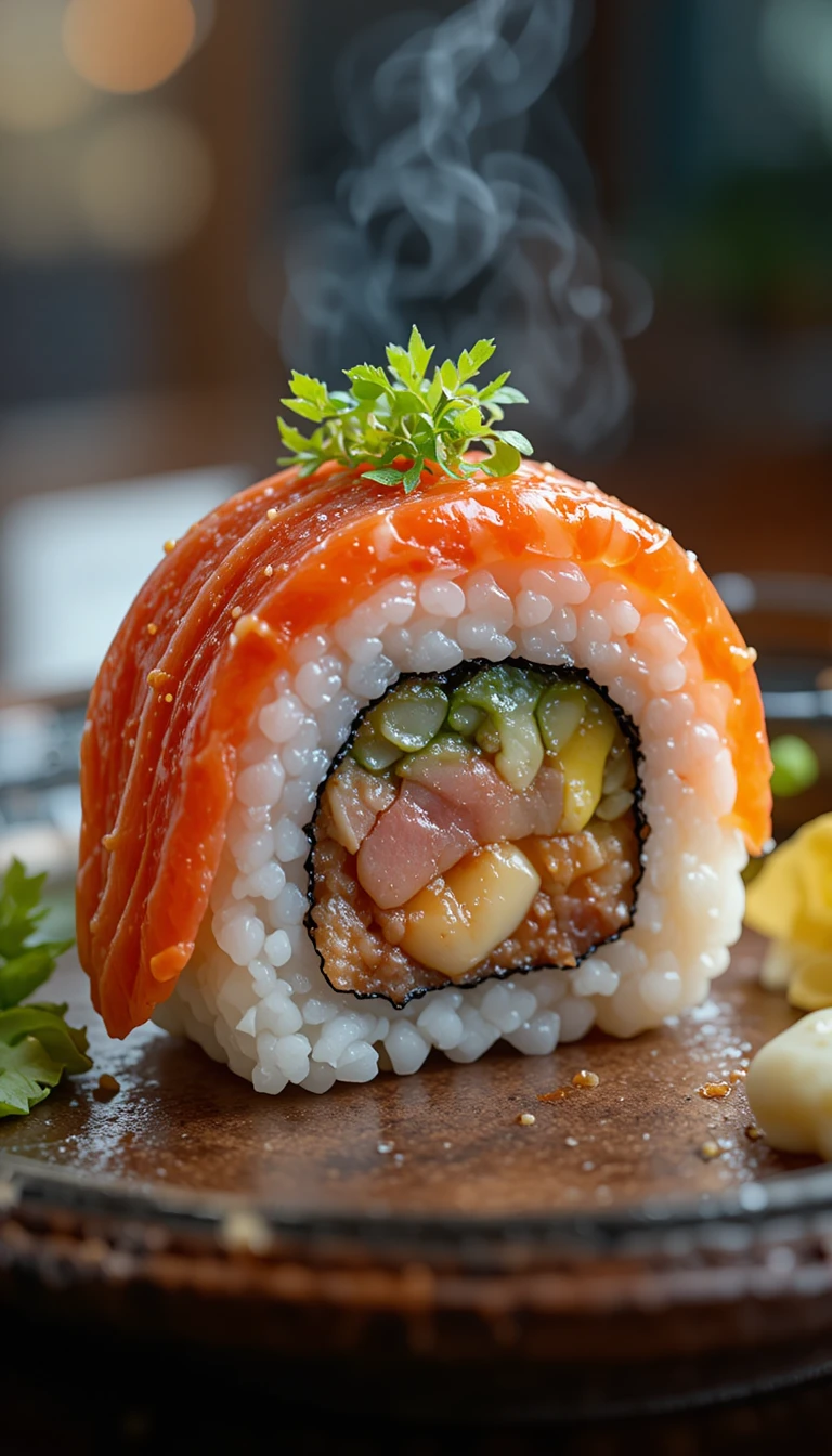 Colorato pezzo di sushi su piatto giapponese tradizionale