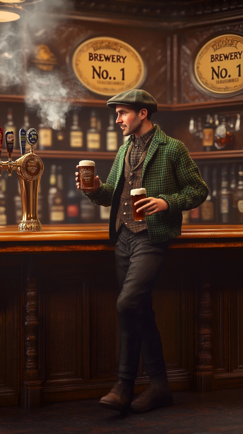 Homme au bar d’un pub vintage avec bière et cigarette
