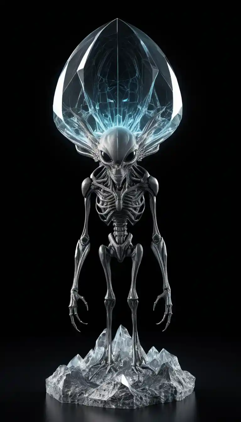 Glowing alien crystal object on pure black background