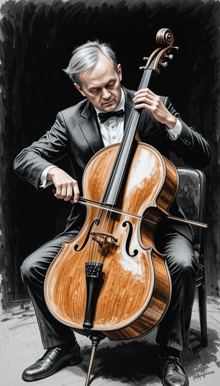 Cellist im dunklen Anzug spielt ein hölzernes Cello auf der Bühne
