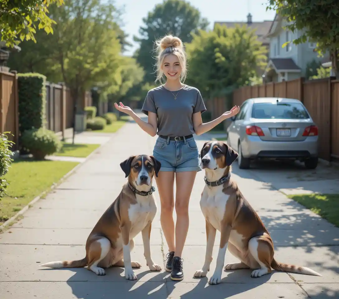 Young woman with dog on sunny suburban sidewalk