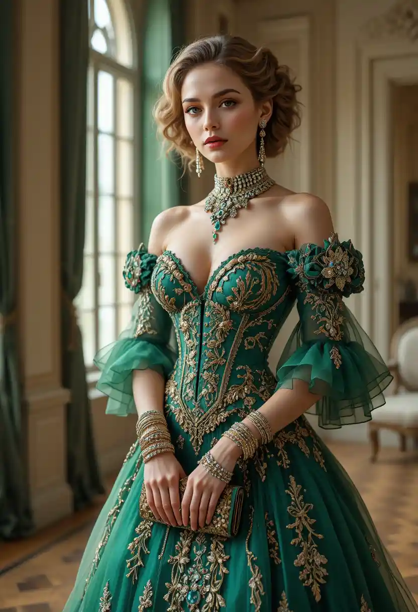 High fashion woman in emerald couture in grand salon
