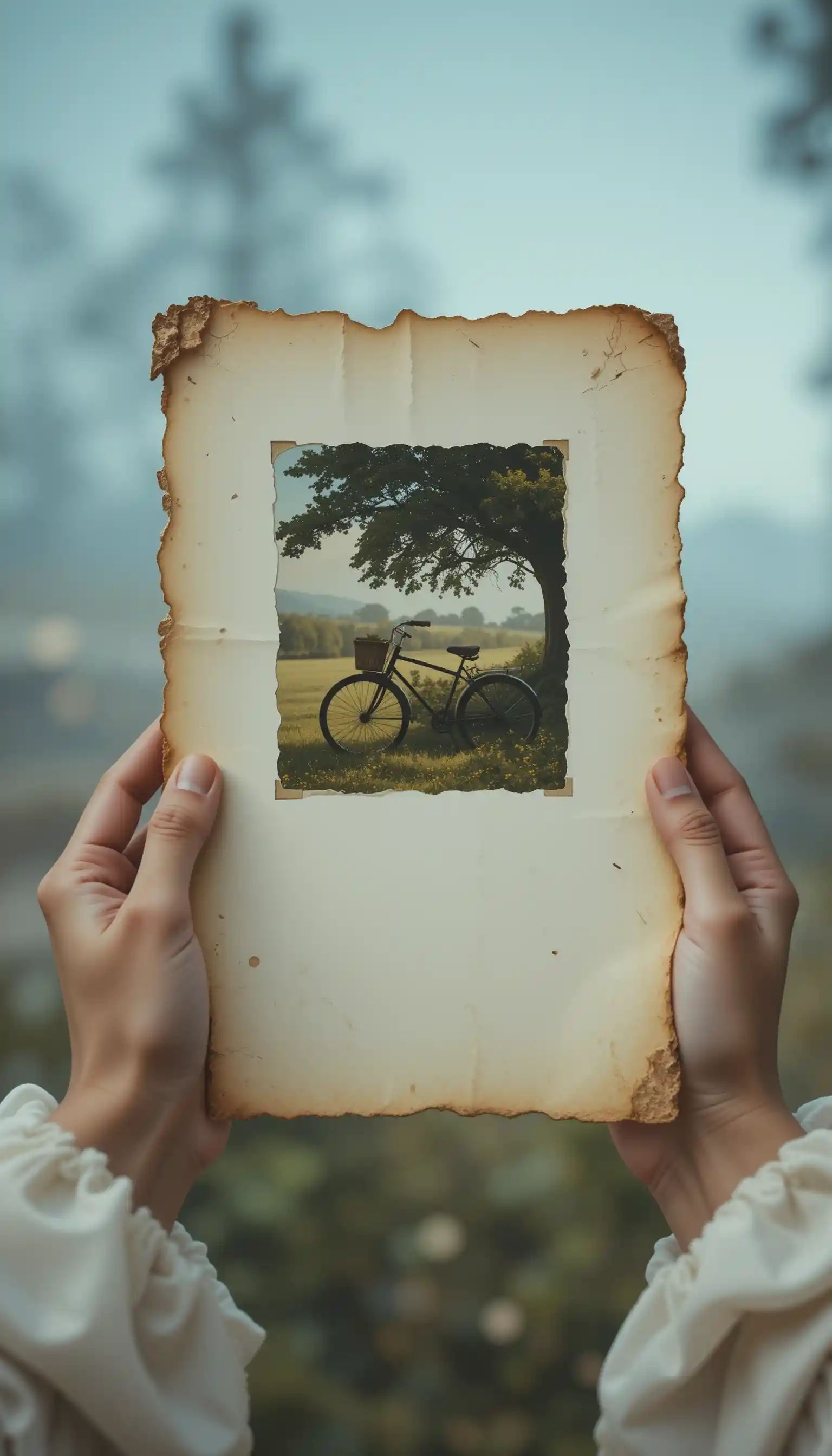 Vintage paper holding a flickering childhood bicycle memory