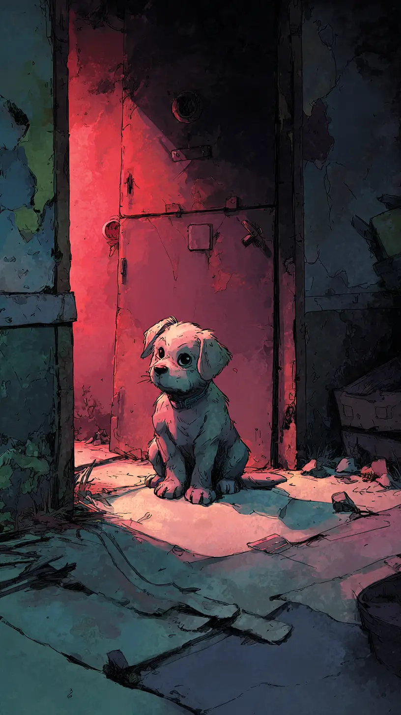 Fearful Puppy In Dark Basement With Looming Creature