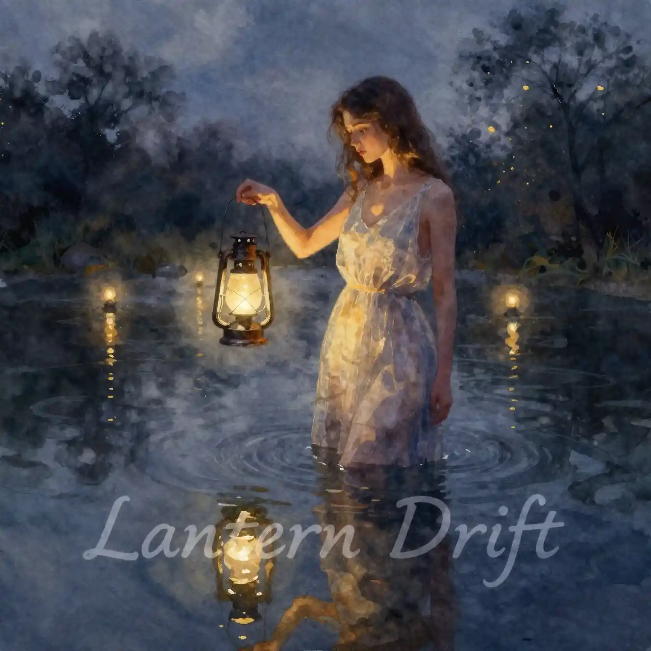 Young woman holding a lantern by a dark indigo river