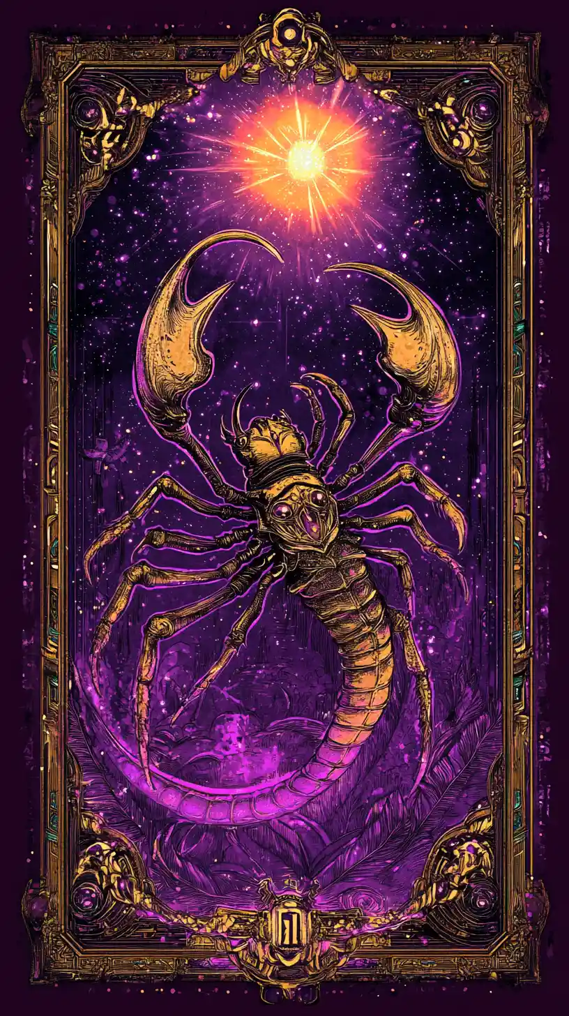 Cosmic scorpion diva with radiant purple aura