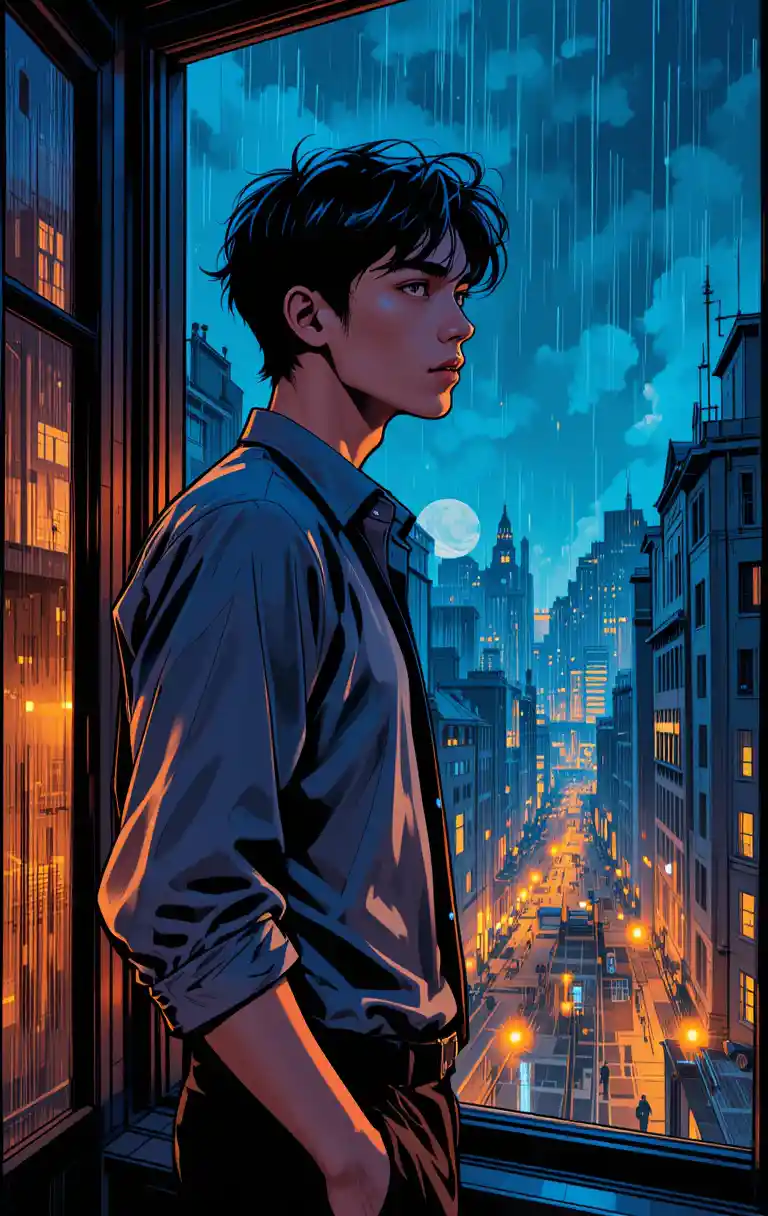 Young man at window over rainy twilight city