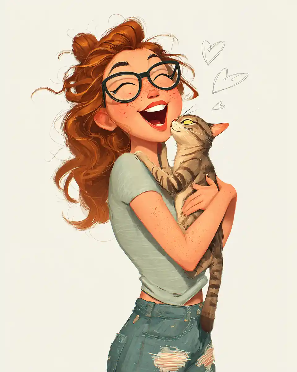 Ragazza gioiosa che abbraccia un gatto tigrato con cuori disegnati