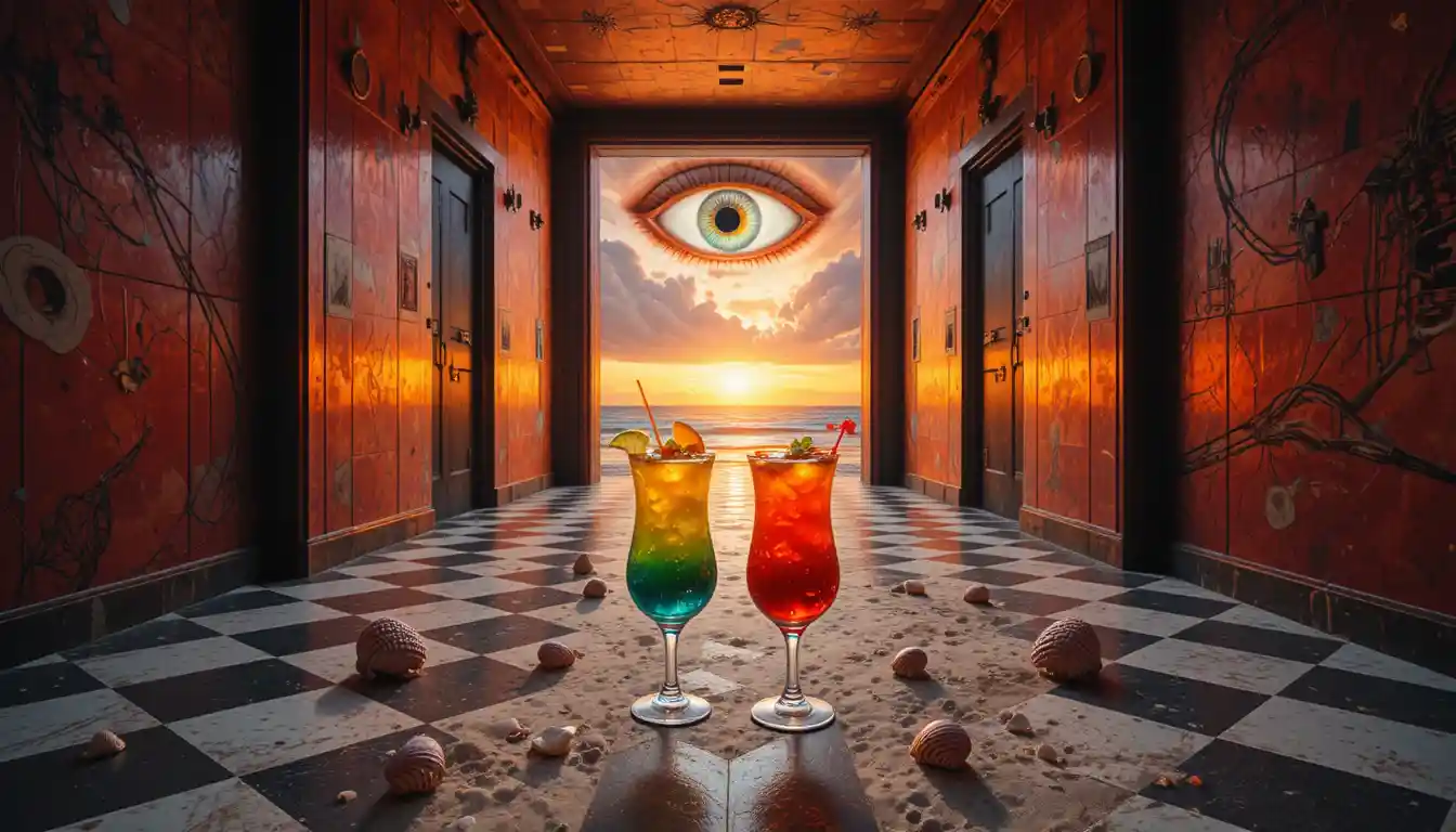 Surreal hallway with watchful eye and distant stormy doorway