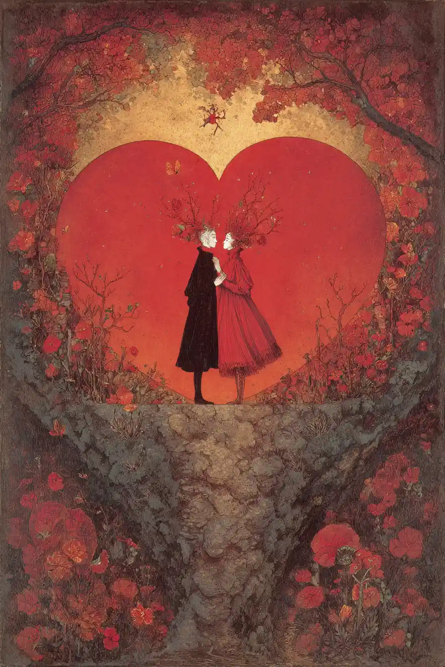 Surreal romantic heartscape glowing with sunlight and love