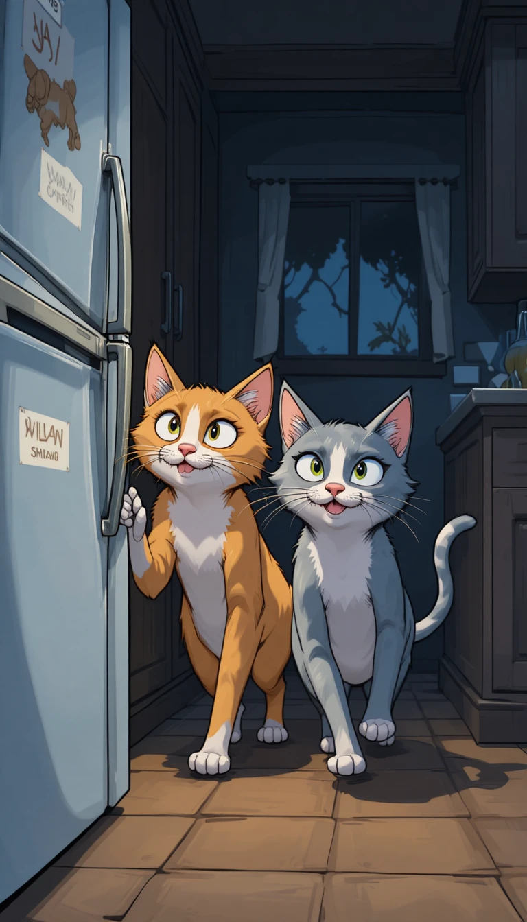 Zwei schleiche Cartoon-Katzen, die sich zum Küchenkühlschrank anschleichen