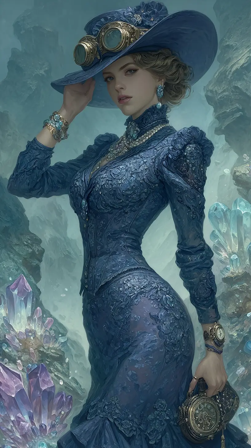 Elegante bruja steampunk admirando gemas en una cueva mágica