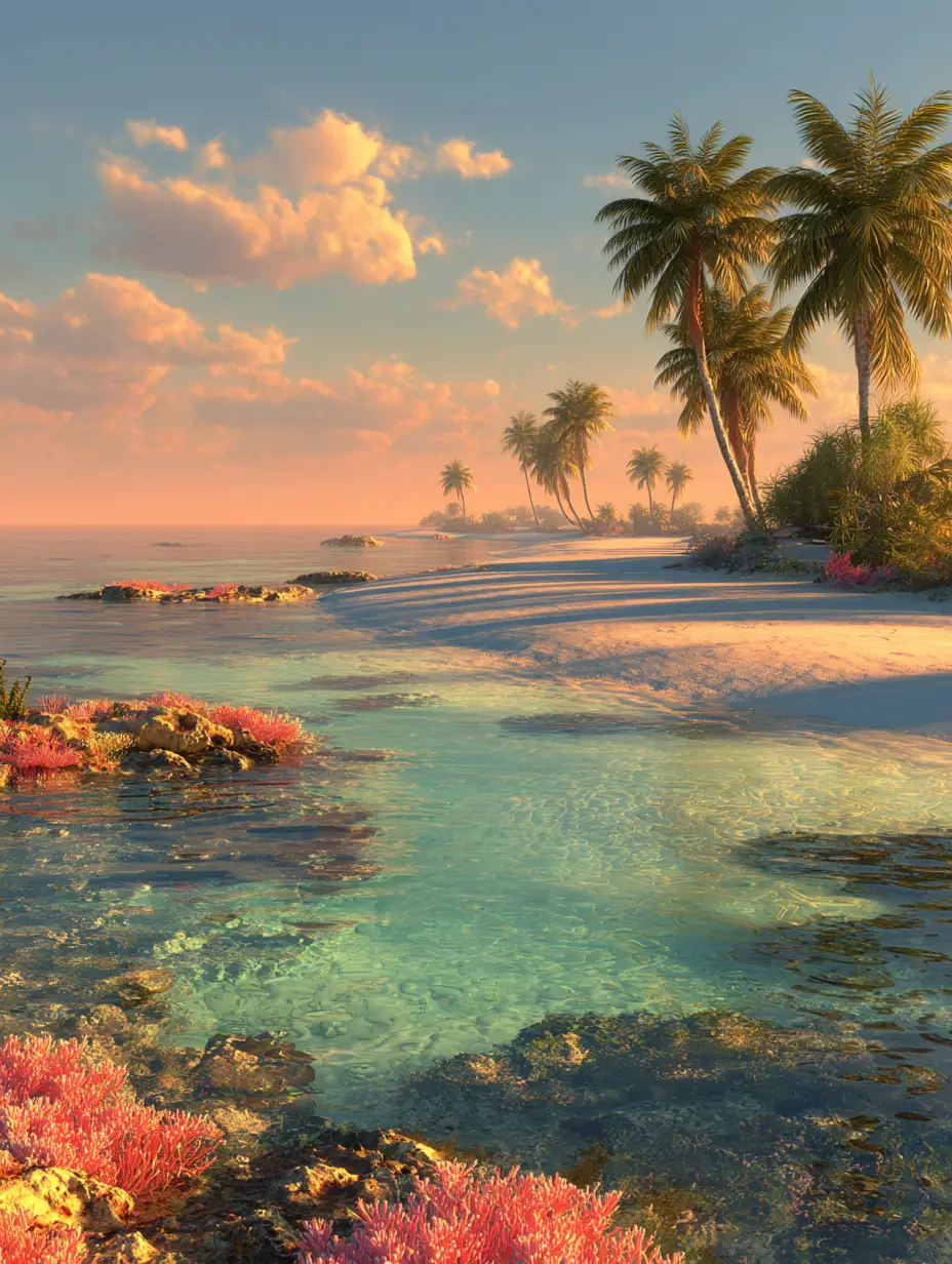 Tranquil 3D tropical beach at sunset with coral reefs
