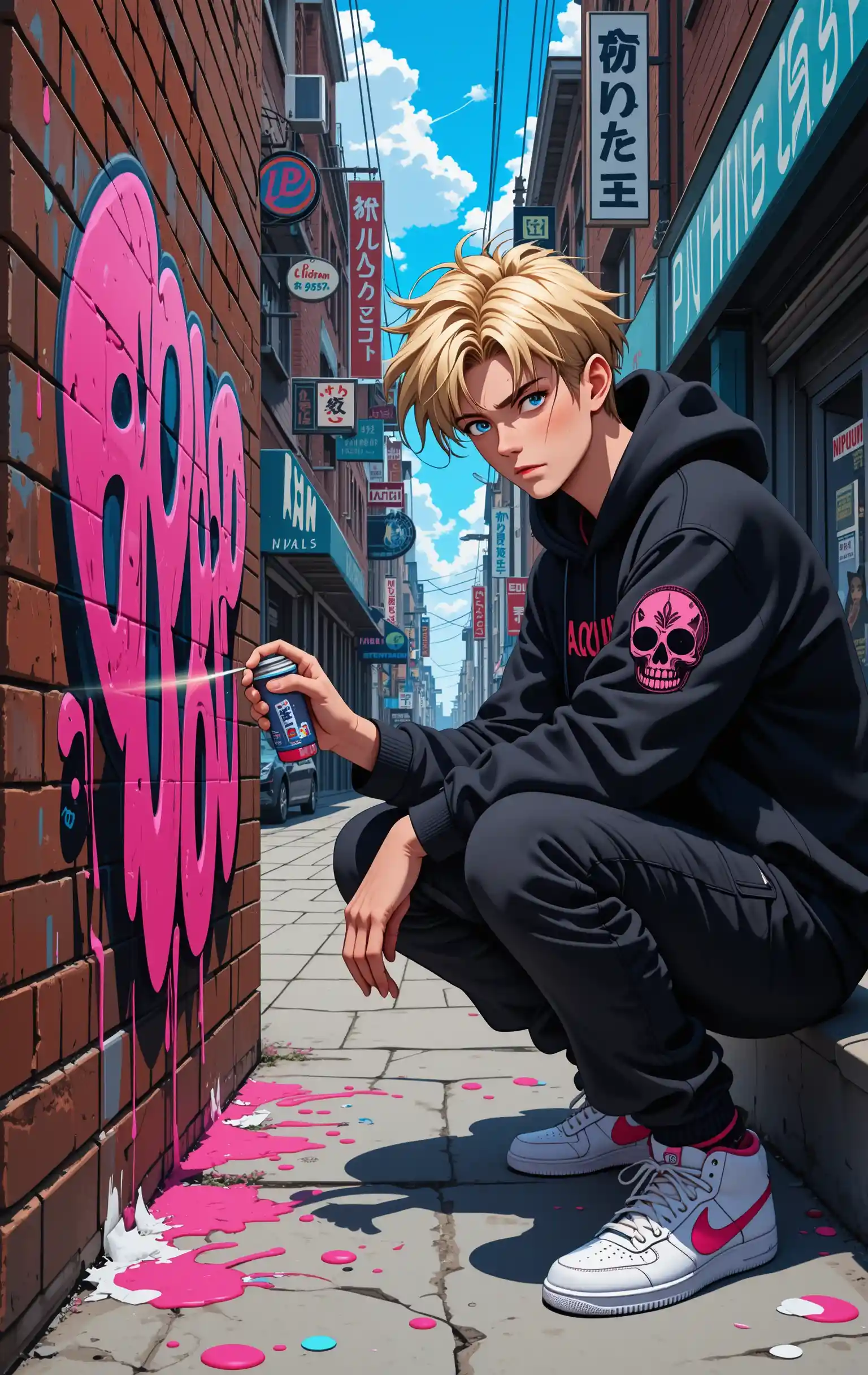 Anime graffiti artist painting in a vibrant city alley