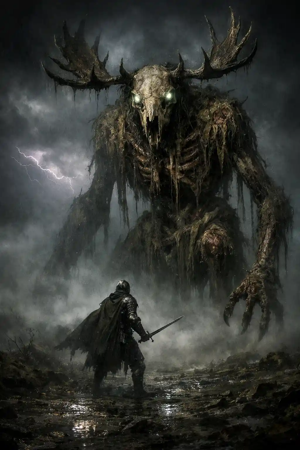 Knight faces towering elk skull monster in dense fog