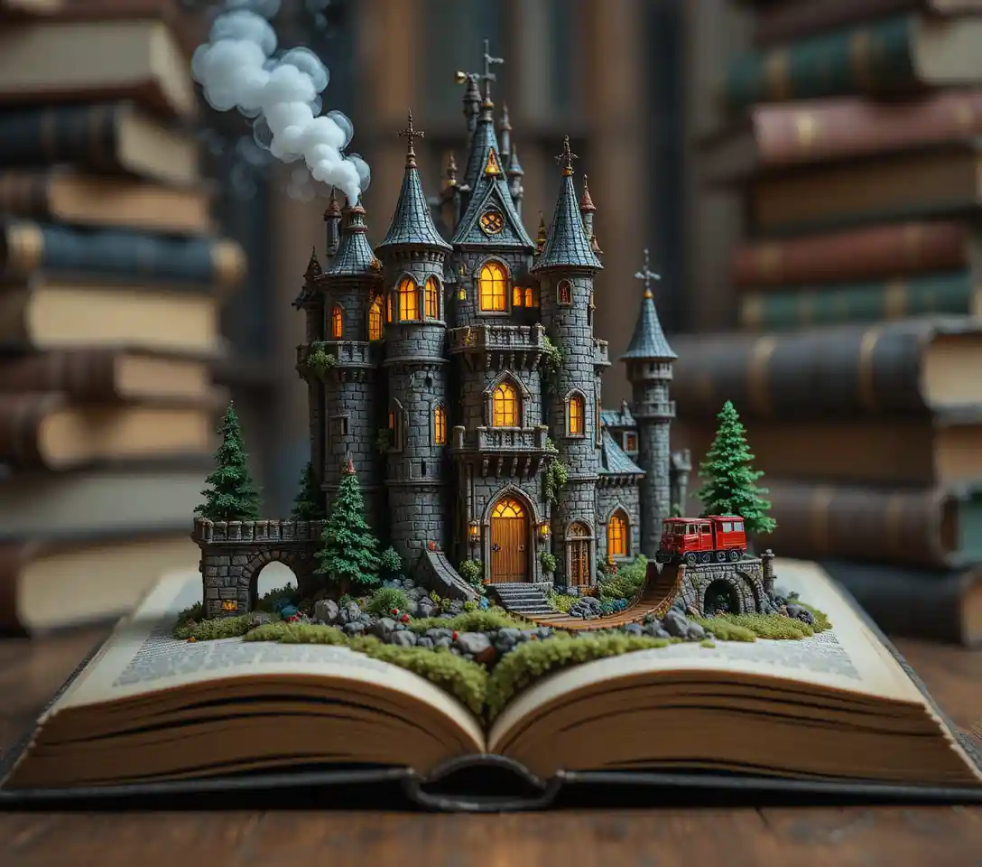 Castello in miniatura che sorge da un libro aperto con trenino giocattolo