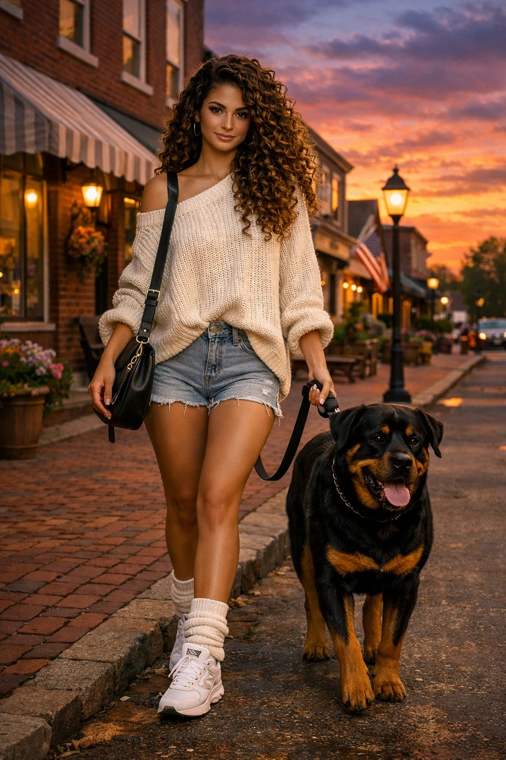 Mädchen, das bei Sonnenuntergang mit einem Rottweiler über einen gemütlichen Stadtplatz geht