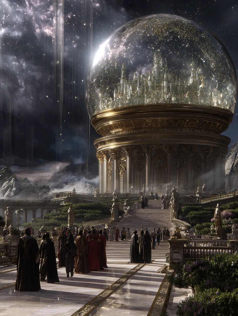 Cittadella di vetro fluttuante sopra un paesaggio fantasy tempestoso