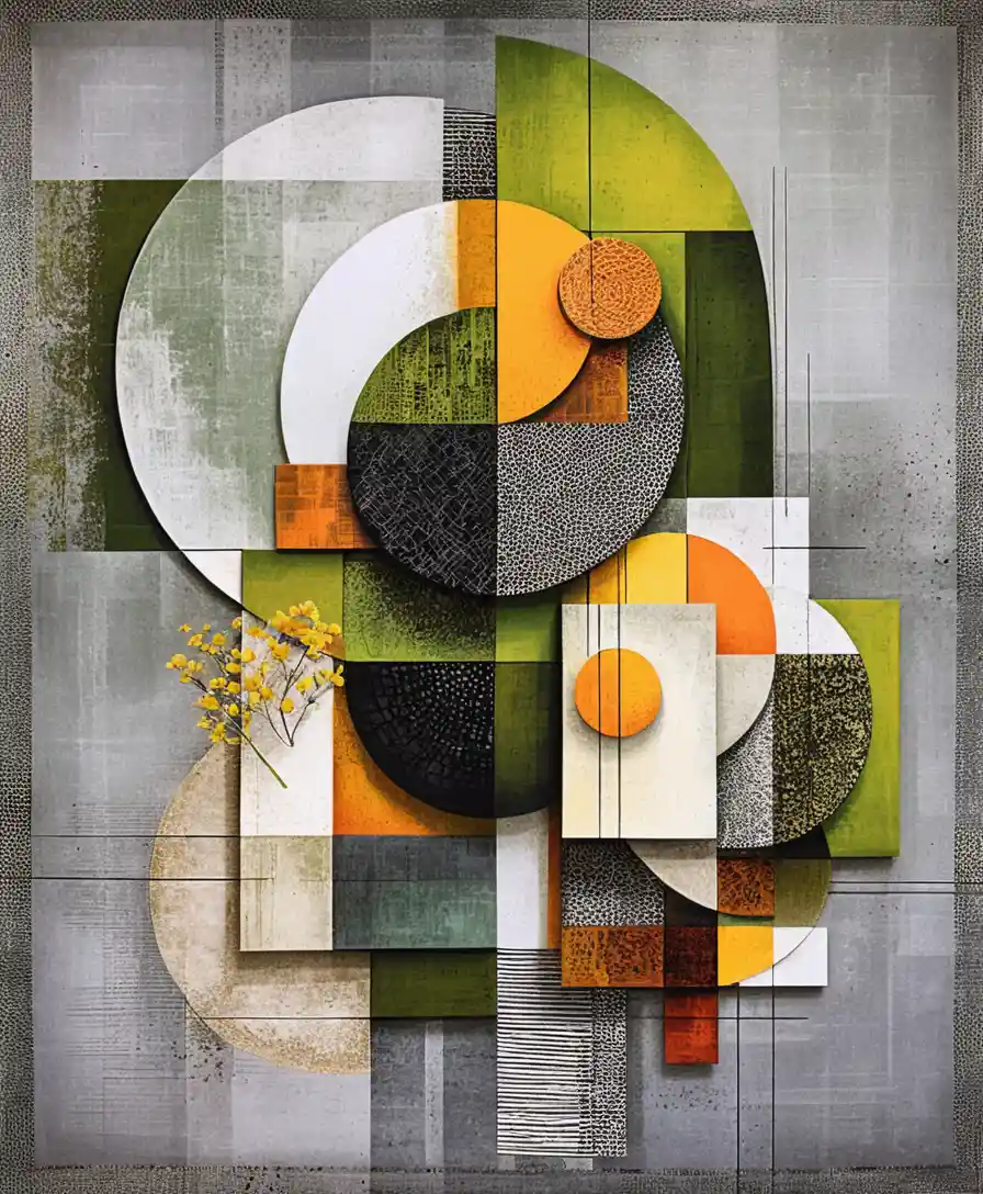 Abstract geometric artwork with vivid shapes and yellow flowers