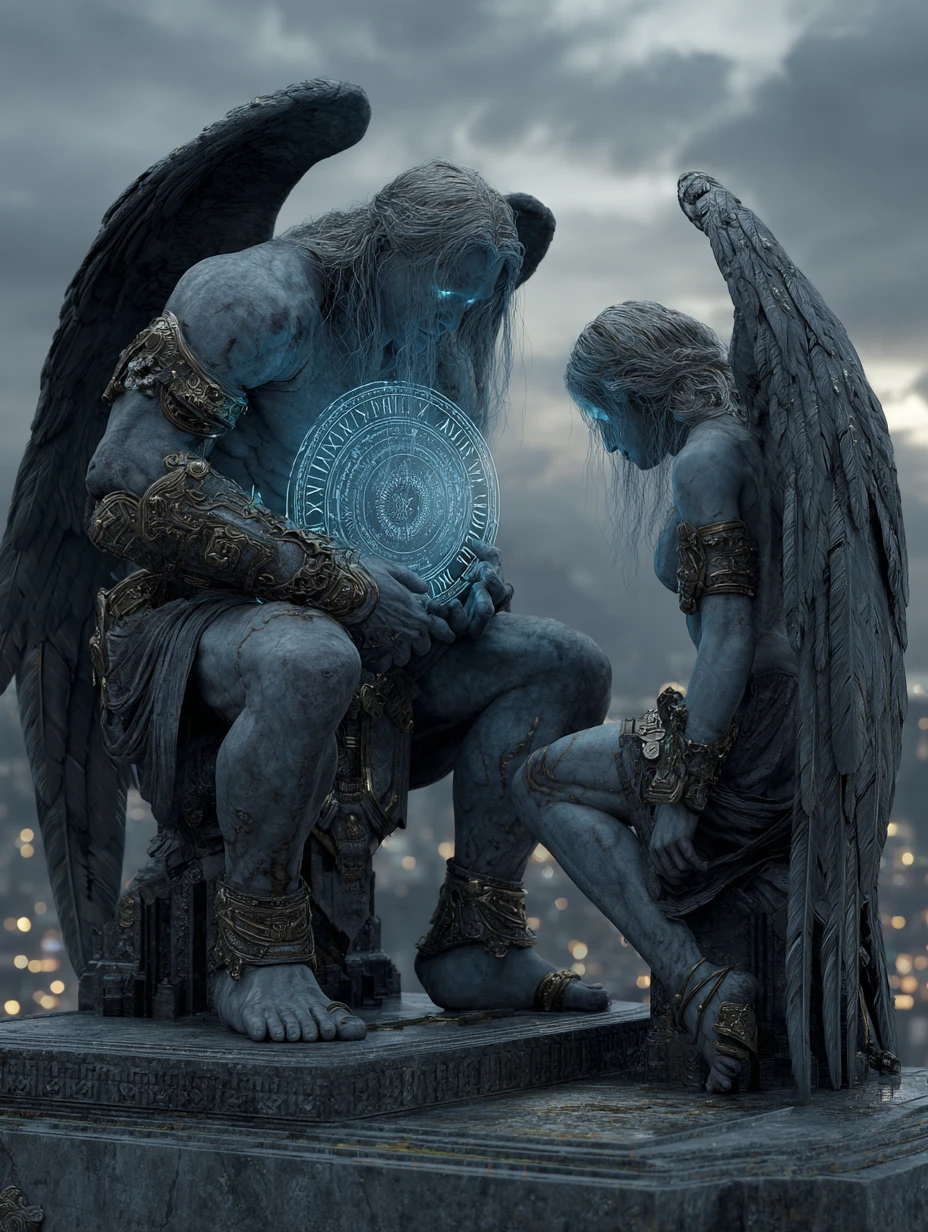 Guardiani alati di pietra in ginocchio davanti a un portale del tempo luminoso